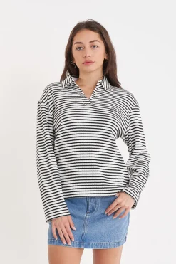 ALFIE STRIPE LS POLO CHALK/BLACK