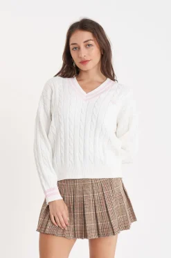 V-NECK CABLE KNIT SWEATER CHALK